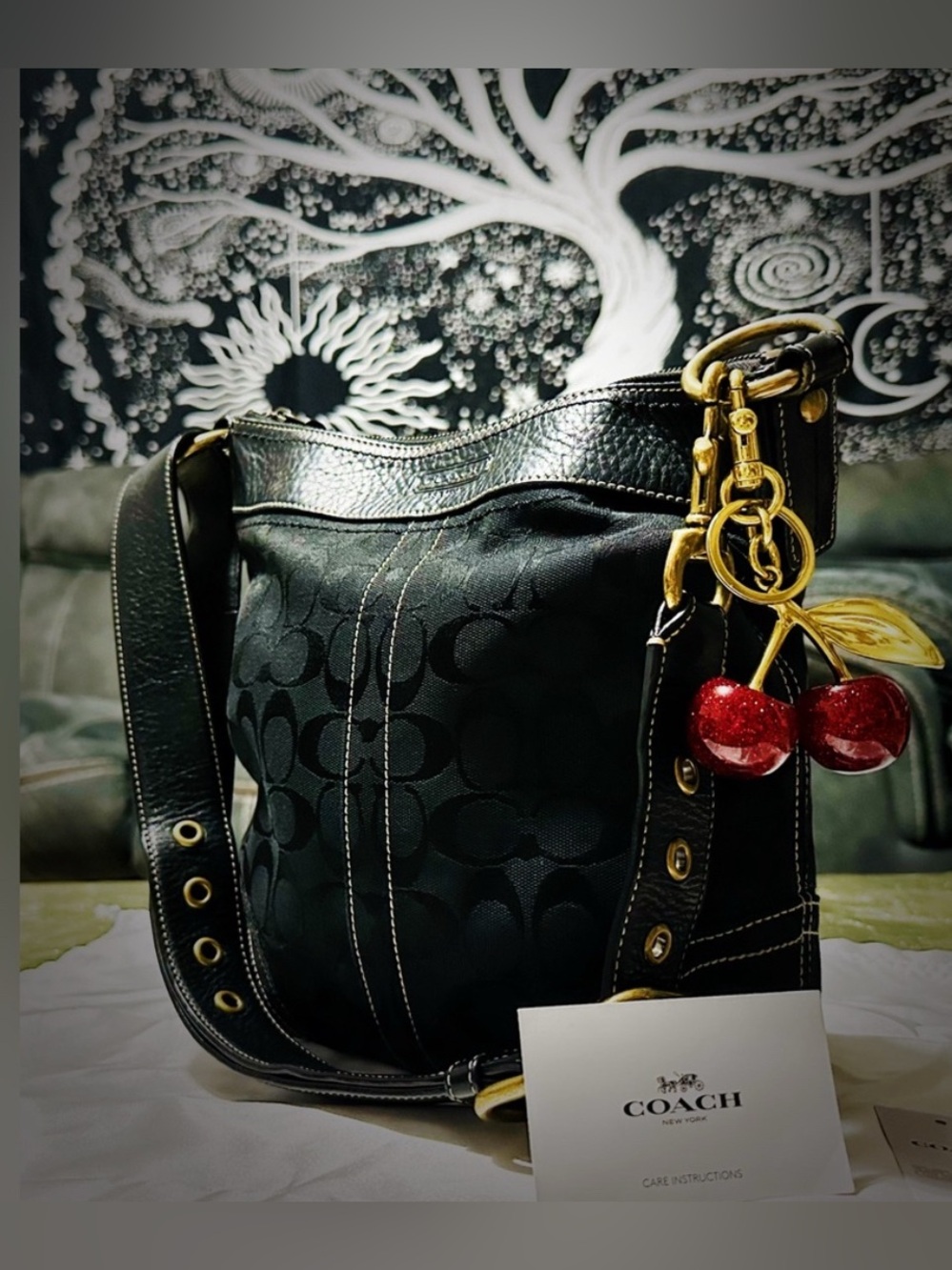 Vintage Coach Black Signature Canvas Shoulder Bag with Red Cherry Charm - Picture 9 of 14